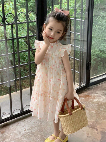 Young Girl Summer Mesh Floral Cake Princess Dress With Puff Sleeves, Cute And Sweet, A-Line Dress