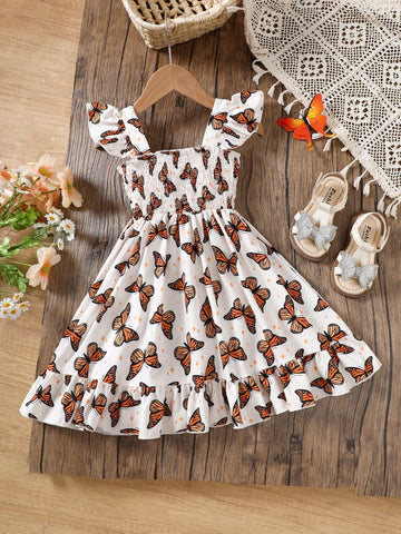 Young Girl Summer New Butterfly Print Ruffle Hem Dress