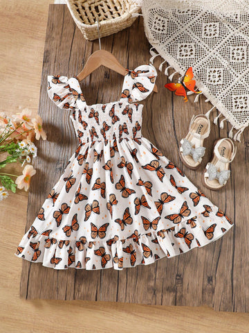 Young Girl Summer New Butterfly Print Ruffle Hem Dress