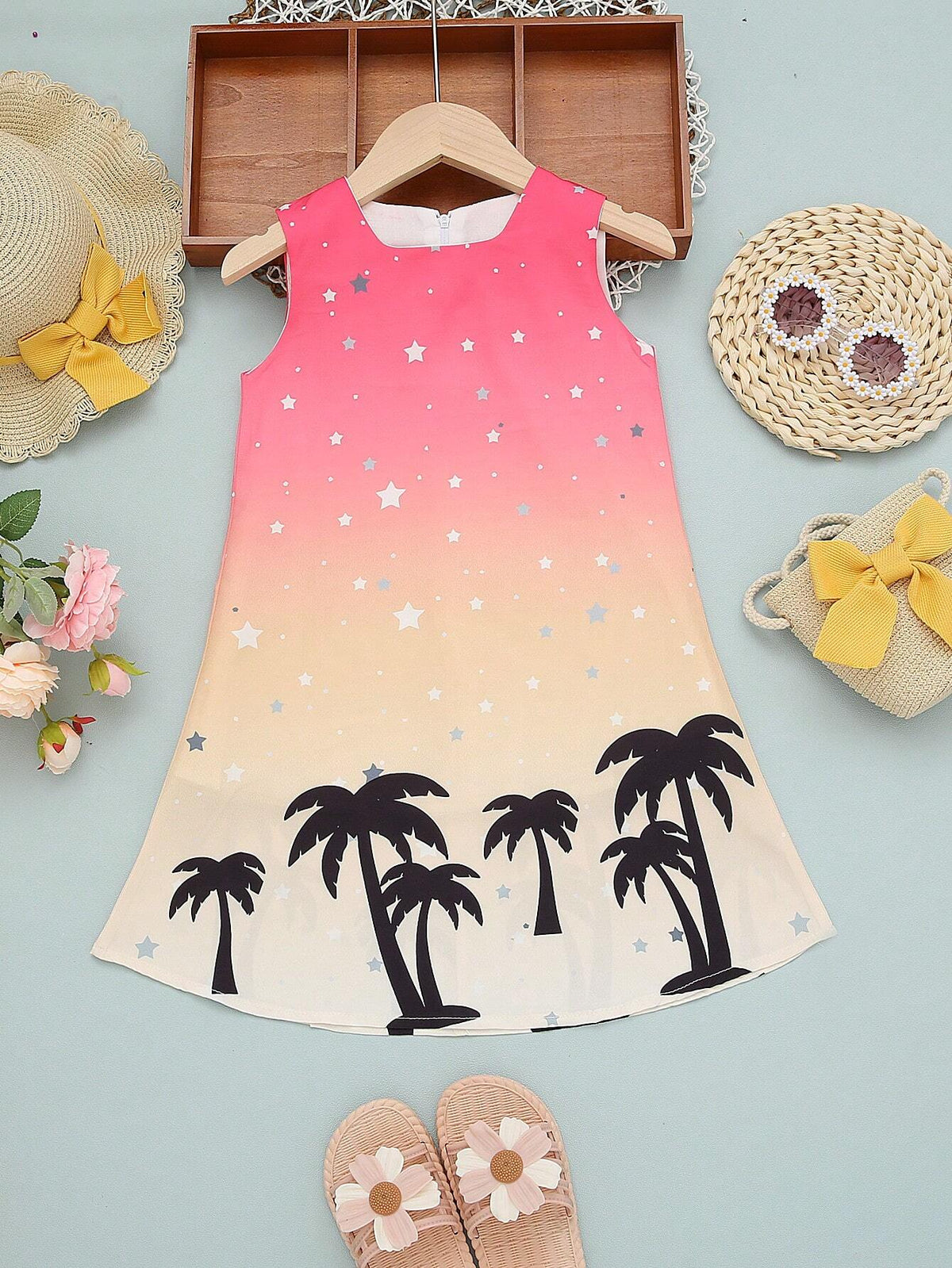 Young Girl Summer New Coconut Tree & Star Printed Ombre Sleeveless Dress With Back Zipper