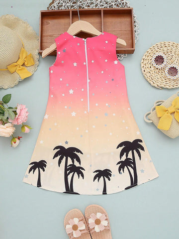 Young Girl Summer New Coconut Tree & Star Printed Ombre Sleeveless Dress With Back Zipper