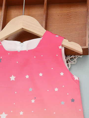 Young Girl Summer New Coconut Tree & Star Printed Ombre Sleeveless Dress With Back Zipper