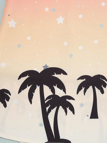 Young Girl Summer New Coconut Tree & Star Printed Ombre Sleeveless Dress With Back Zipper