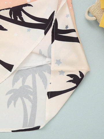 Young Girl Summer New Coconut Tree & Star Printed Ombre Sleeveless Dress With Back Zipper