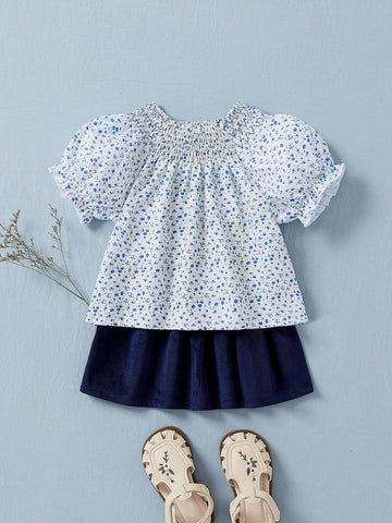 Young Girl Summer New Ditsy Floral Short Puff Sleeve Smocked Top And Skirt Cute Outfit