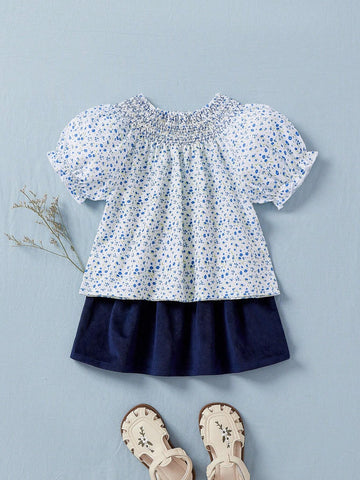 Young Girl Summer New Ditsy Floral Short Puff Sleeve Smocked Top And Skirt Cute Outfit