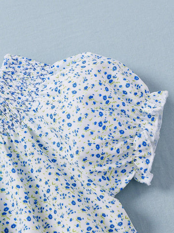 Young Girl Summer New Ditsy Floral Short Puff Sleeve Smocked Top And Skirt Cute Outfit