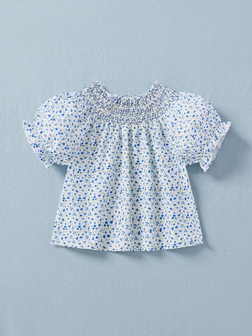 Young Girl Summer New Ditsy Floral Short Puff Sleeve Smocked Top And Skirt Cute Outfit