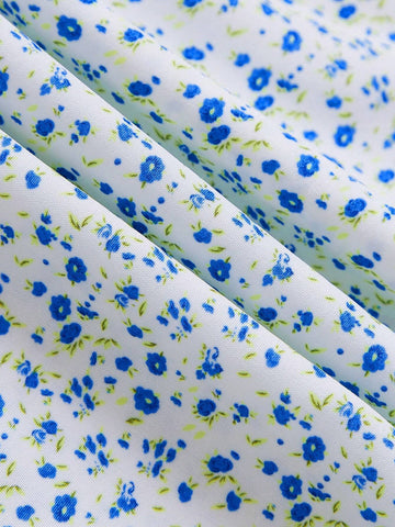 Young Girl Summer New Ditsy Floral Short Puff Sleeve Smocked Top And Skirt Cute Outfit