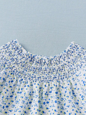 Young Girl Summer New Ditsy Floral Short Puff Sleeve Smocked Top And Skirt Cute Outfit