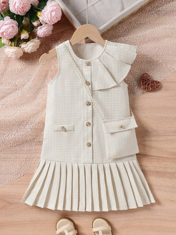Young Girl Summer New Fashion Simple Sleeveless Pleated Dress + Bag