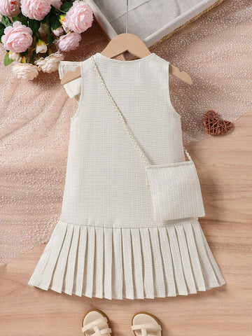 Young Girl Summer New Fashion Simple Sleeveless Pleated Dress + Bag