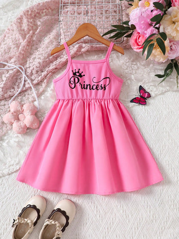Young Girl Summer New Fashionable Simple Pink Letter Print Mini Dress, Suitable For Travel And Party