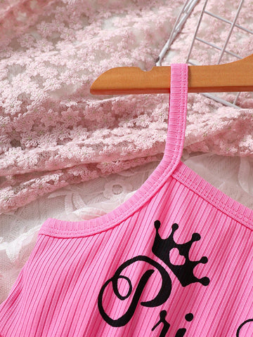 Young Girl Summer New Fashionable Simple Pink Letter Print Mini Dress, Suitable For Travel And Party