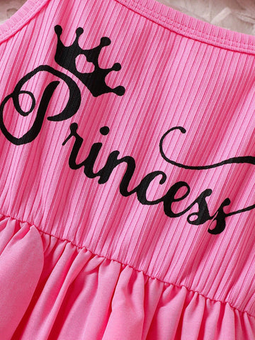 Young Girl Summer New Fashionable Simple Pink Letter Print Mini Dress, Suitable For Travel And Party