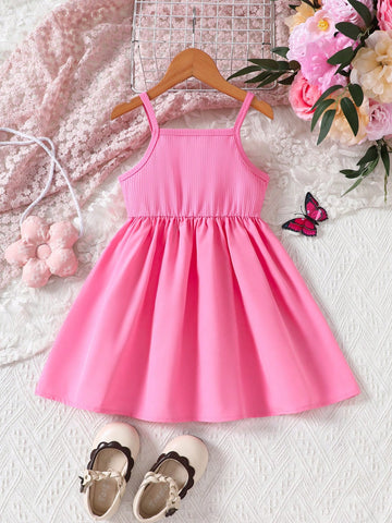 Young Girl Summer New Fashionable Simple Pink Letter Print Mini Dress, Suitable For Travel And Party