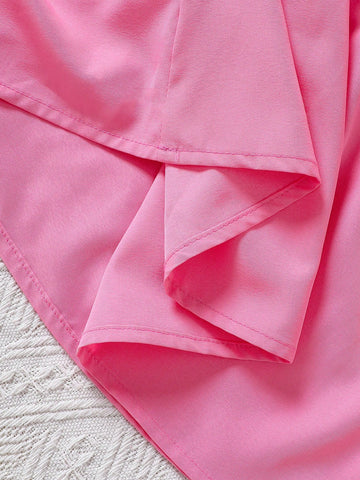 Young Girl Summer New Fashionable Simple Pink Letter Print Mini Dress, Suitable For Travel And Party