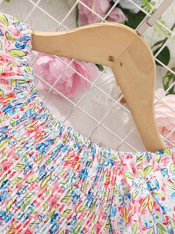 Young Girl Summer New Stylish Bubble Sleeve Dress With Charming Small Floral Print