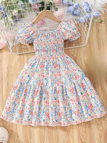 Young Girl Summer New Stylish Bubble Sleeve Dress With Charming Small Floral Print