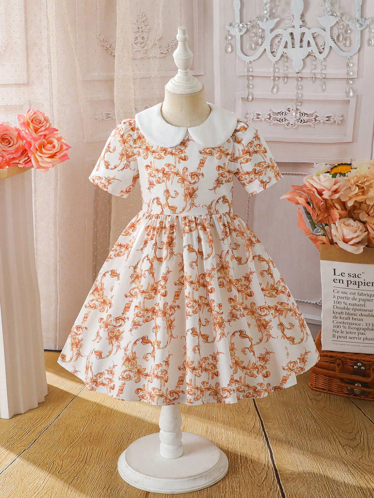 Young Girl Summer New Thin Polo Collar Roll-Up Sleeve Allover Digital Print Dress, Collegiate Style Cute Simple Elegant, Suitable For Everyday Wear