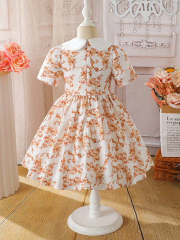 Young Girl Summer New Thin Polo Collar Roll-Up Sleeve Allover Digital Print Dress, Collegiate Style Cute Simple Elegant, Suitable For Everyday Wear