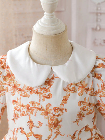 Young Girl Summer New Thin Polo Collar Roll-Up Sleeve Allover Digital Print Dress, Collegiate Style Cute Simple Elegant, Suitable For Everyday Wear