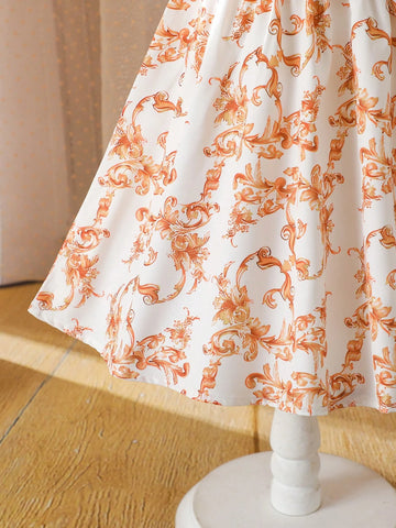 Young Girl Summer New Thin Polo Collar Roll-Up Sleeve Allover Digital Print Dress, Collegiate Style Cute Simple Elegant, Suitable For Everyday Wear