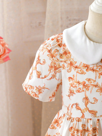 Young Girl Summer New Thin Polo Collar Roll-Up Sleeve Allover Digital Print Dress, Collegiate Style Cute Simple Elegant, Suitable For Everyday Wear