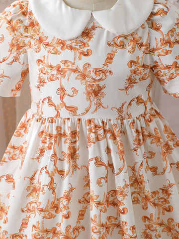 Young Girl Summer New Thin Polo Collar Roll-Up Sleeve Allover Digital Print Dress, Collegiate Style Cute Simple Elegant, Suitable For Everyday Wear