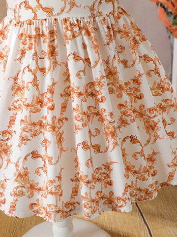 Young Girl Summer New Thin Polo Collar Roll-Up Sleeve Allover Digital Print Dress, Collegiate Style Cute Simple Elegant, Suitable For Everyday Wear