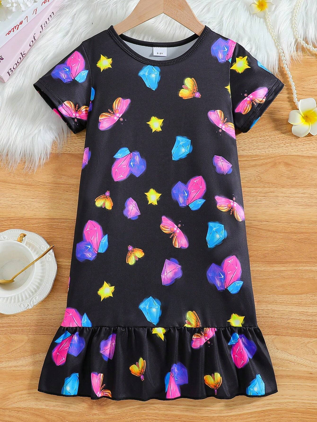 Young Girl Summer Night Glow Butterfly, Star & Crystal Printed Dress