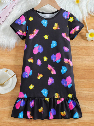 Young Girl Summer Night Glow Butterfly, Star & Crystal Printed Dress