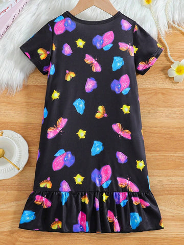 Young Girl Summer Night Glow Butterfly, Star & Crystal Printed Dress