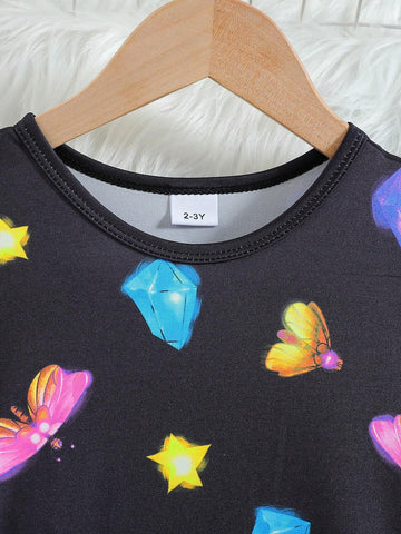 Young Girl Summer Night Glow Butterfly, Star & Crystal Printed Dress