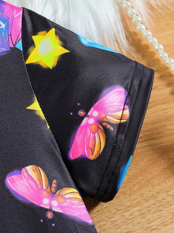 Young Girl Summer Night Glow Butterfly, Star & Crystal Printed Dress