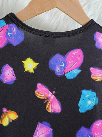 Young Girl Summer Night Glow Butterfly, Star & Crystal Printed Dress