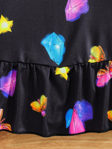 Young Girl Summer Night Glow Butterfly, Star & Crystal Printed Dress