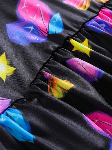 Young Girl Summer Night Glow Butterfly, Star & Crystal Printed Dress
