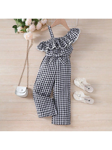 Young Girl Summer Plaid Asymmetrical Neck Ruffle Casual Jumpsuit
