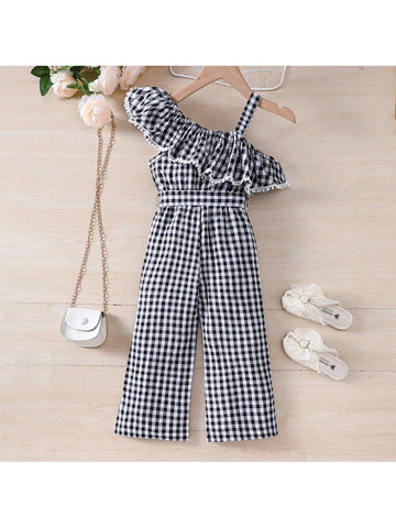 Young Girl Summer Plaid Asymmetrical Neck Ruffle Casual Jumpsuit