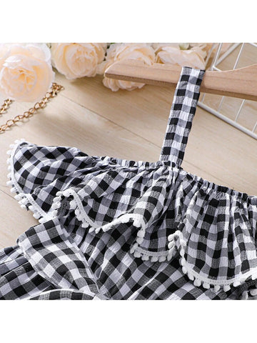 Young Girl Summer Plaid Asymmetrical Neck Ruffle Casual Jumpsuit