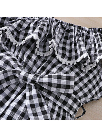 Young Girl Summer Plaid Asymmetrical Neck Ruffle Casual Jumpsuit