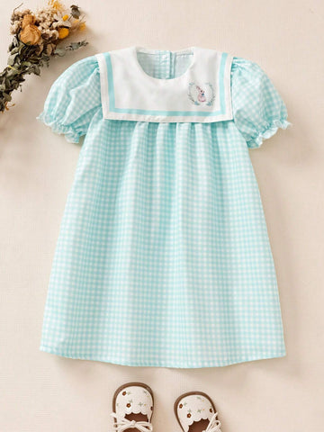 Young Girl Summer Plaid Fabric Loose Fit Peter Pan Collar Puff Sleeve Open Back Sweet Bunny Print Casual Dress