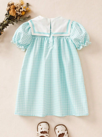 Young Girl Summer Plaid Fabric Loose Fit Peter Pan Collar Puff Sleeve Open Back Sweet Bunny Print Casual Dress