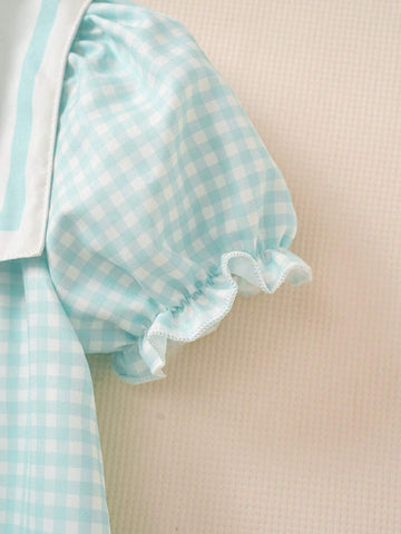 Young Girl Summer Plaid Fabric Loose Fit Peter Pan Collar Puff Sleeve Open Back Sweet Bunny Print Casual Dress