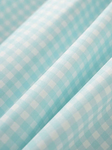Young Girl Summer Plaid Fabric Loose Fit Peter Pan Collar Puff Sleeve Open Back Sweet Bunny Print Casual Dress