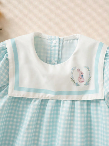 Young Girl Summer Plaid Fabric Loose Fit Peter Pan Collar Puff Sleeve Open Back Sweet Bunny Print Casual Dress