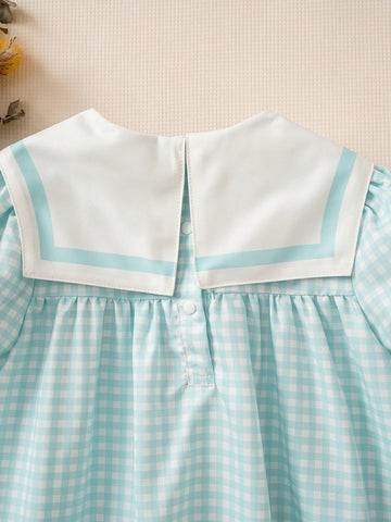 Young Girl Summer Plaid Fabric Loose Fit Peter Pan Collar Puff Sleeve Open Back Sweet Bunny Print Casual Dress