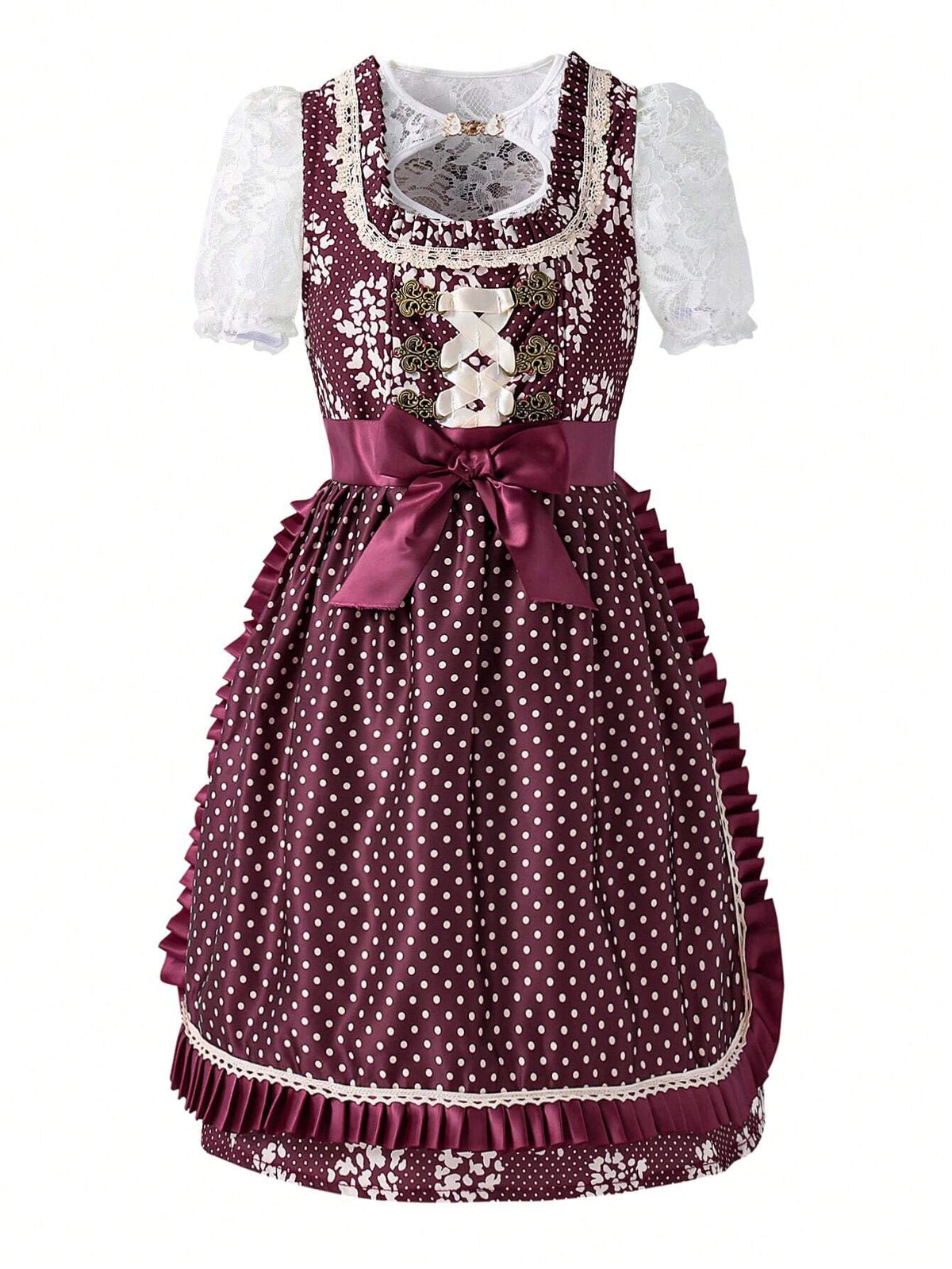 Young Girl Summer Polka Dot Print Splice Lace Waist Bow Decor Elegant Dress