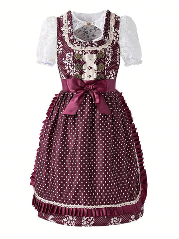 Young Girl Summer Polka Dot Print Splice Lace Waist Bow Decor Elegant Dress